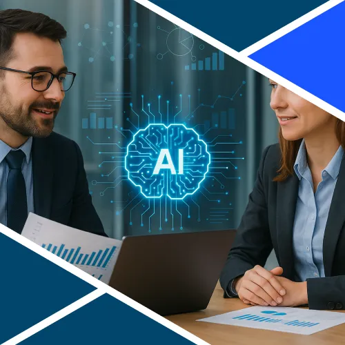 Commercialista e imprenditore a confronto davanti a un laptop con icona di intelligenza artificiale, simbolo di innovazione e digitalizzazione della consulenza fiscale.