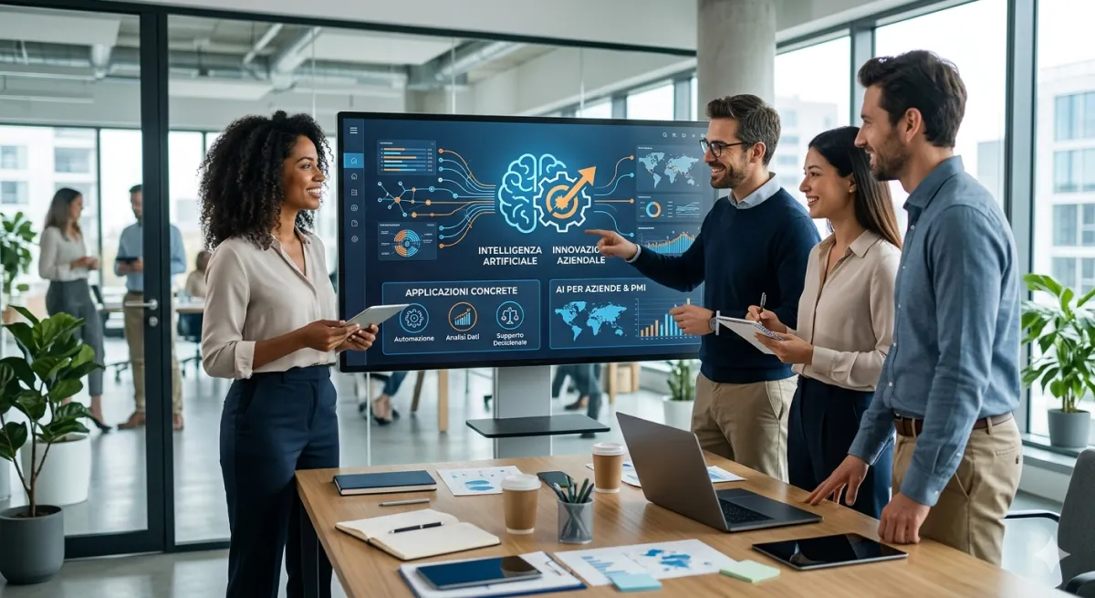 intelligenza-artificiale-aziende-innovazione Team di professionisti in ufficio analizza su uno schermo una strategia di intelligenza artificiale e innovazione aziendale per PMI