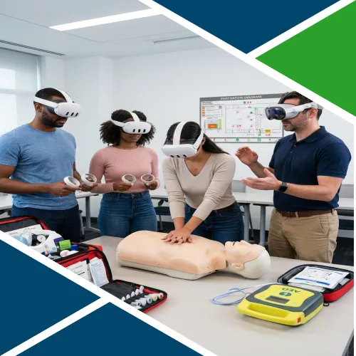 Partecipanti con visori di realtà virtuale durante una simulazione pratica di primo soccorso con manichino e defibrillatore AED