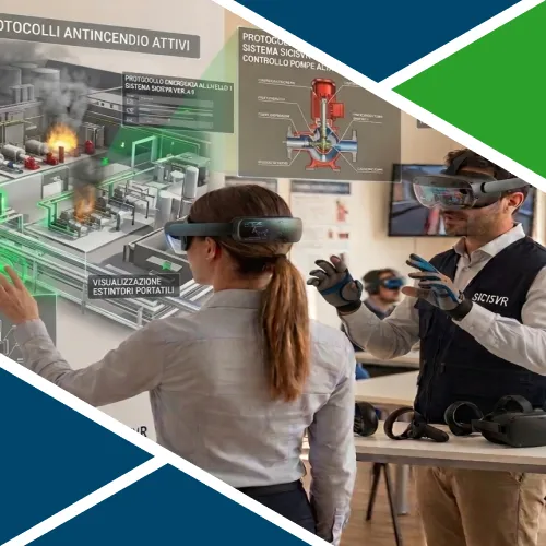 Operatori con visori VR che interagiscono con un modello 3D interattivo di un impianto industriale per la sicurezza antincendio