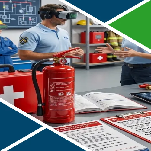 Estintore a polvere in primo piano con manuali didattici e corsisti sullo sfondo durante un'esercitazione antincendio in realtà virtuale