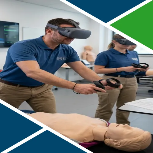 Formatore con visore VR e controller mentre esegue una simulazione di manovre salvavita su manichino da addestramento