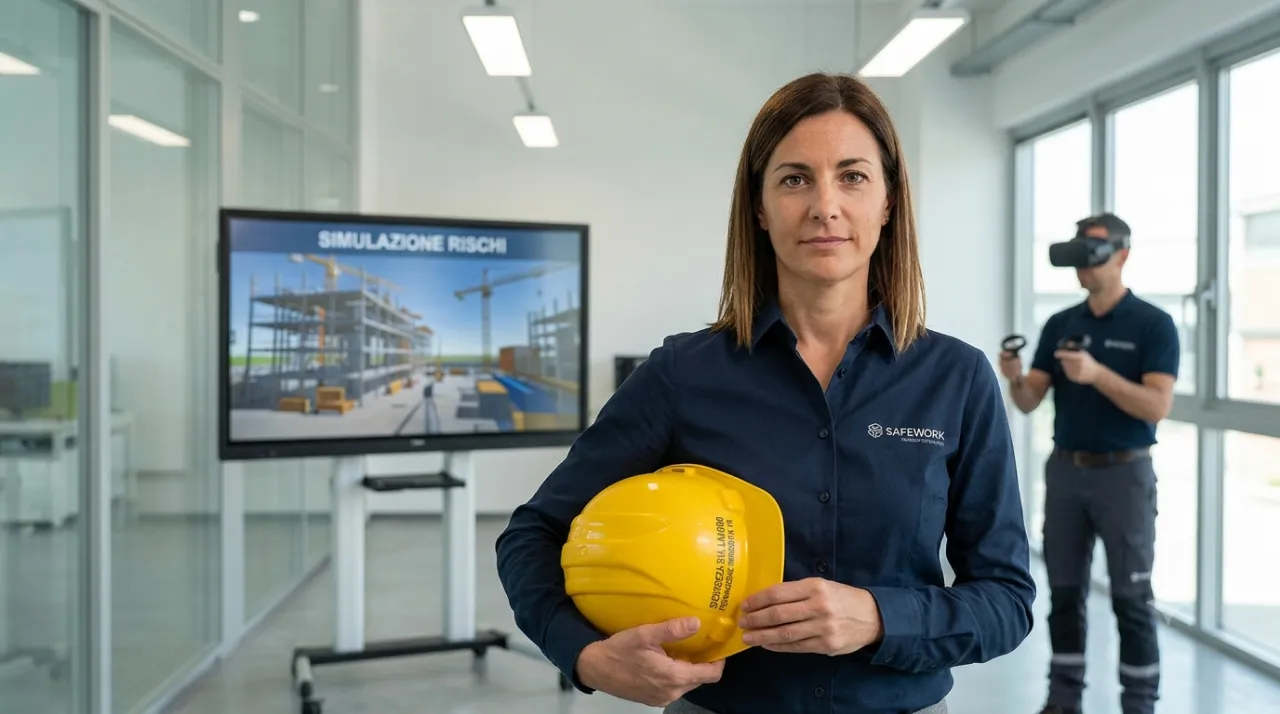 Addestramento immersivo con visori VR per la sicurezza sul lavoro Lavoratore con visore VR e controller esegue una simulazione di sicurezza in cantiere edile su un monitor, durante un corso di formazione immersiva in azienda.