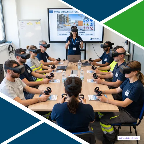 Lavoratori con visori VR durante corso sicurezza, immagine generata con AI