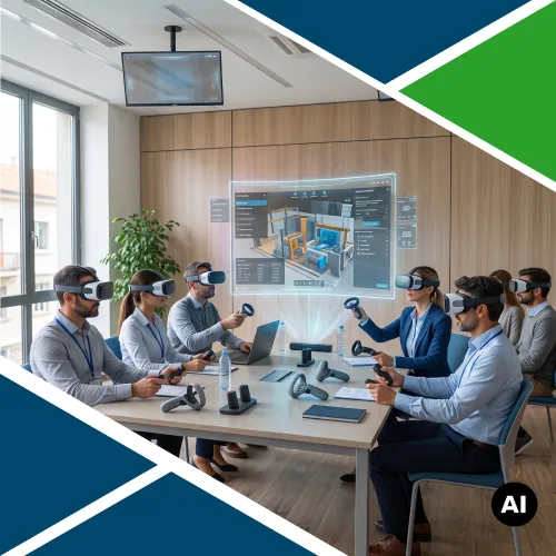 Inquadratura grandangolare di sette dipendenti seduti intorno a un tavolo da conferenza, che indossano visori VR e utilizzano controller per partecipare a una simulazione di formazione sulla sicurezza per la gestione del rischio medio. La simulazione, visualizzata come una sovrapposizione olografica, mostra un'interfaccia 3D che simula un'area di lavoro con macchinari industriali. I dipendenti collaborano tra loro, indicando elementi specifici all'interno della simulazione. Due formatori in giacca e cravatta, seduti ai lati opposti del tavolo, osservano e guidano i dipendenti durante la simulazione. L'immagine presenta un design grafico con sovrapposizioni geometriche blu scuro e verdi e un'icona "AI" nell'angolo in basso a destra.