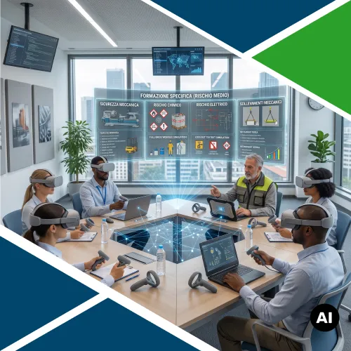 Aula aziendale con partecipanti che indossano visori VR attorno a un tavolo interattivo per la formazione sicurezza specifica a rischio medio su rischi chimici, meccanici ed elettrici.