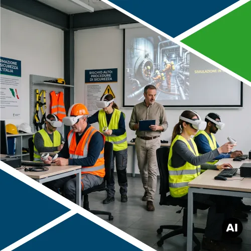 Gruppo di partecipanti con visori VR e pettorine ad alta visibilità durante l'esercitazione pratica di formazione specifica sicurezza per mansioni a rischio alto.