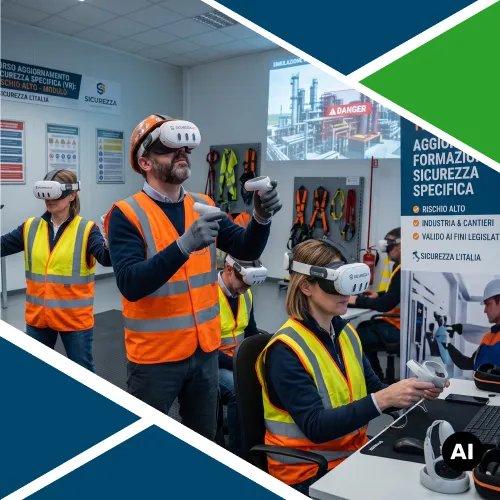 Lavoratori con gilet ad alta visibilità, caschetti e visori VR con controller durante una sessione di aggiornamento formazione specifica sulla sicurezza, con simulatore di impianto industriale proiettato sullo sfondo.