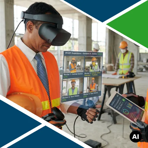 Personale preposto con visore VR e controller in cantiere durante la simulazione interattiva per il controllo dei DPI e la vigilanza sulle maestranze.