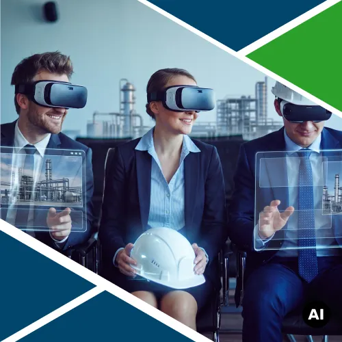 Personale dirigente in abito aziendale con visori di realtà virtuale e caschetto protettivo durante un'esercitazione immersiva su impianti industriali per la sicurezza sul lavoro.