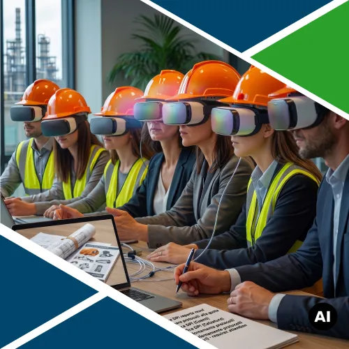 Gruppo di partecipanti alla formazione sicurezza RLS con visori di realtà virtuale, caschi protettivi e materiale tecnico per la valutazione dei rischi.