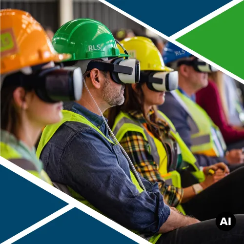 Rappresentanza dei lavoratori per la sicurezza durante l'aggiornamento annuale in realtà virtuale con visori e dispositivi di protezione.