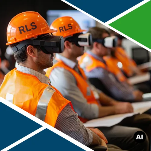 Rappresentanza dei lavoratori per la sicurezza (RLS) con caschi protettivi e visori VR durante il corso di aggiornamento annuale per realtà aziendali oltre i 50 dipendenti.