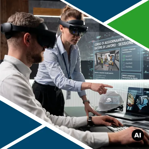 Sessione di aggiornamento sicurezza RSPP per la funzione datoriale svolta con visori di realtà virtuale e interfaccia interattiva di valutazione rischi.