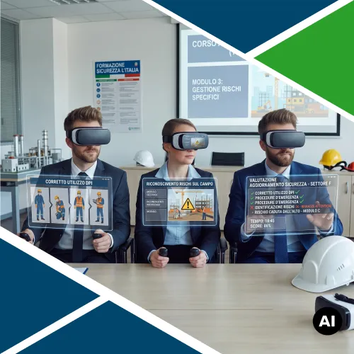 Personale dirigente impegnato in una sessione di aggiornamento sicurezza sul lavoro con visori VR ed esercitazioni immersive su DPI e gestione rischi.