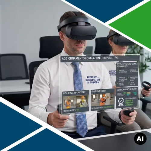 Sessione di aggiornamento sicurezza per personale preposto con visore VR e interfaccia virtuale per la verifica delle procedure DPI e vigilanza in cantiere.
