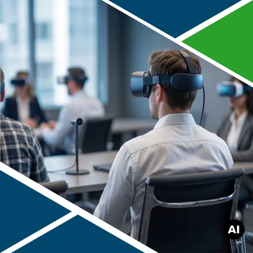 Aula di formazione con partecipanti e figure datoriali RSPP che indossano visori di realtà virtuale durante la sessione di aggiornamento sicurezza del modulo comune.