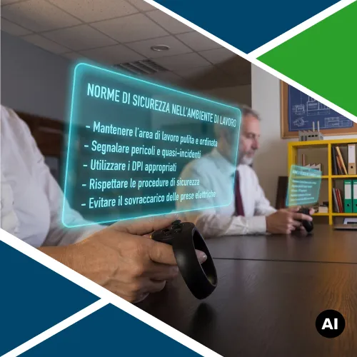 Componente datoriale in sessione di formazione sicurezza con controller VR e interfaccia virtuale per la gestione di norme, rischi e responsabilità aziendali.