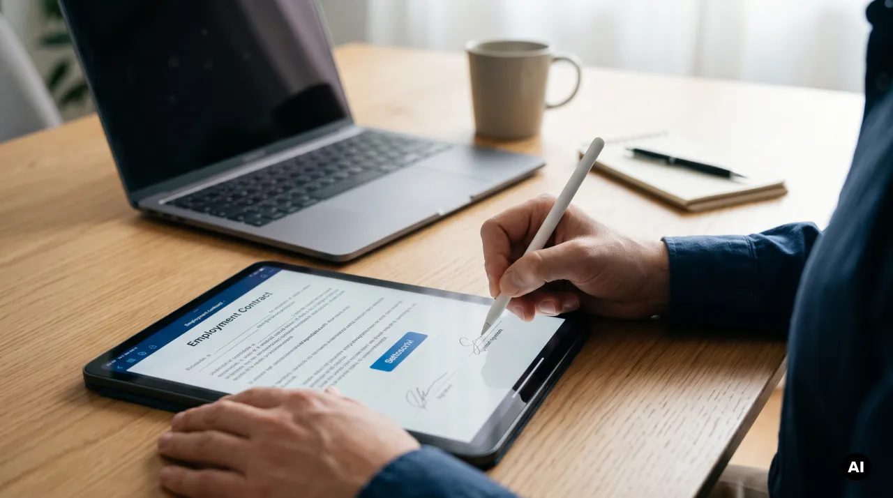 Sottoscrizione e firma digitale di un contratto di lavoro su tablet