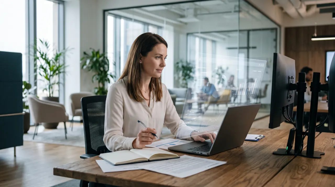 Supervisione umana e intelligenza artificiale nella gestione del personale Professionista HR in ufficio che analizza dati analitici su interfaccia digitale trasparente per supervisione umana di sistemi di intelligenza artificiale